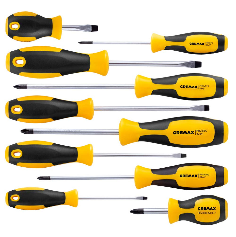 CREMAX Magnetic Screwdriver, Cushion Grip 5 Phillips and 5 Flat Head Tips Screwdriver Set