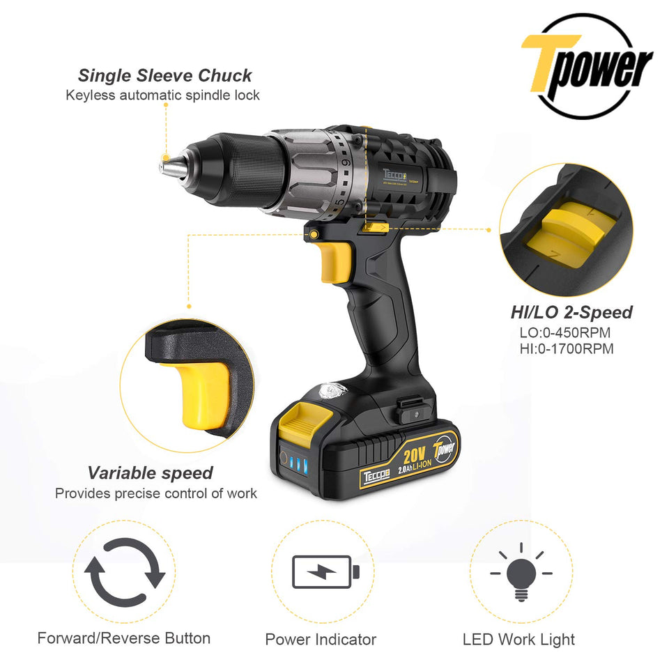 Drill Driver, 20V Cordless Drill 2x2000mAh Batteries, 30Min Fast Charger 4.0A, 29pcs Accessories, 24+1 Torque Setting, 2-Variable Speed Max Torque 530 In-lbs, 1/2" Metal Keyless Chuck