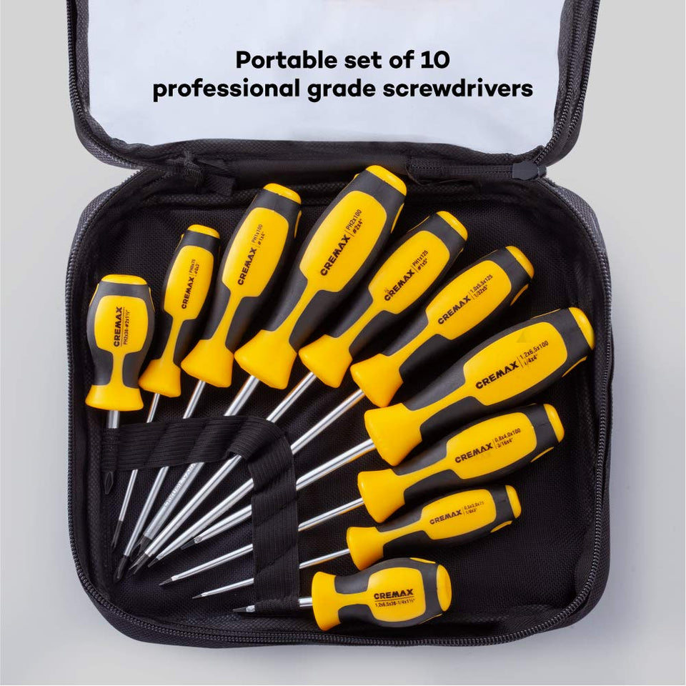CREMAX Magnetic Screwdriver, Cushion Grip 5 Phillips and 5 Flat Head Tips Screwdriver Set