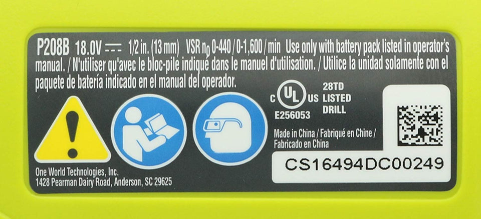 Ryobi P208 One+ 18V Lithium Ion Drill/Driver with 1/2 Inch Keyless Chuck (Batteries Not Included, Power Tool Only)
