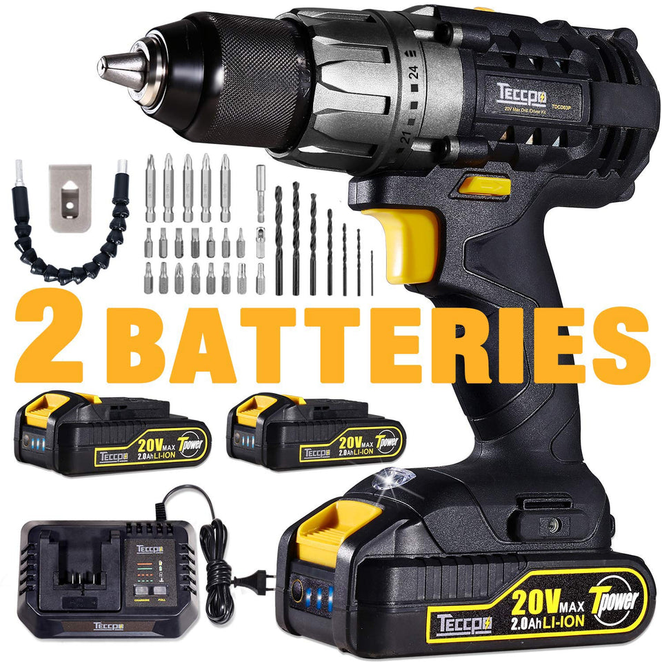 Drill Driver, 20V Cordless Drill 2x2000mAh Batteries, 30Min Fast Charger 4.0A, 29pcs Accessories, 24+1 Torque Setting, 2-Variable Speed Max Torque 530 In-lbs, 1/2" Metal Keyless Chuck
