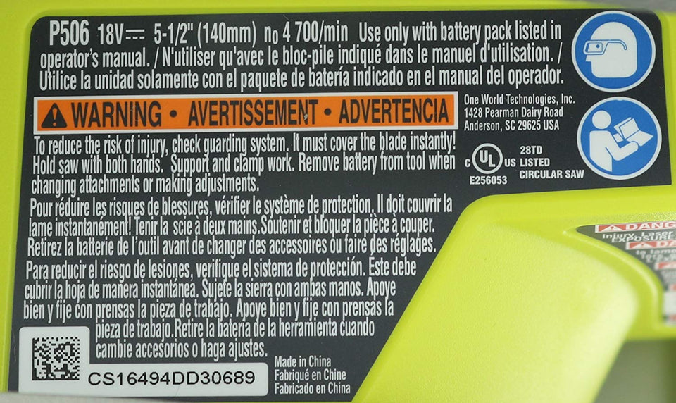 Ryobi P506 One+ Lithium Ion 18V 5 1/2 Inch 4,700 RPM Cordless Circular Saw with Laser Guide and Carbide-Tipped Blade (Battery Not Included, Power Tool Only) green full size